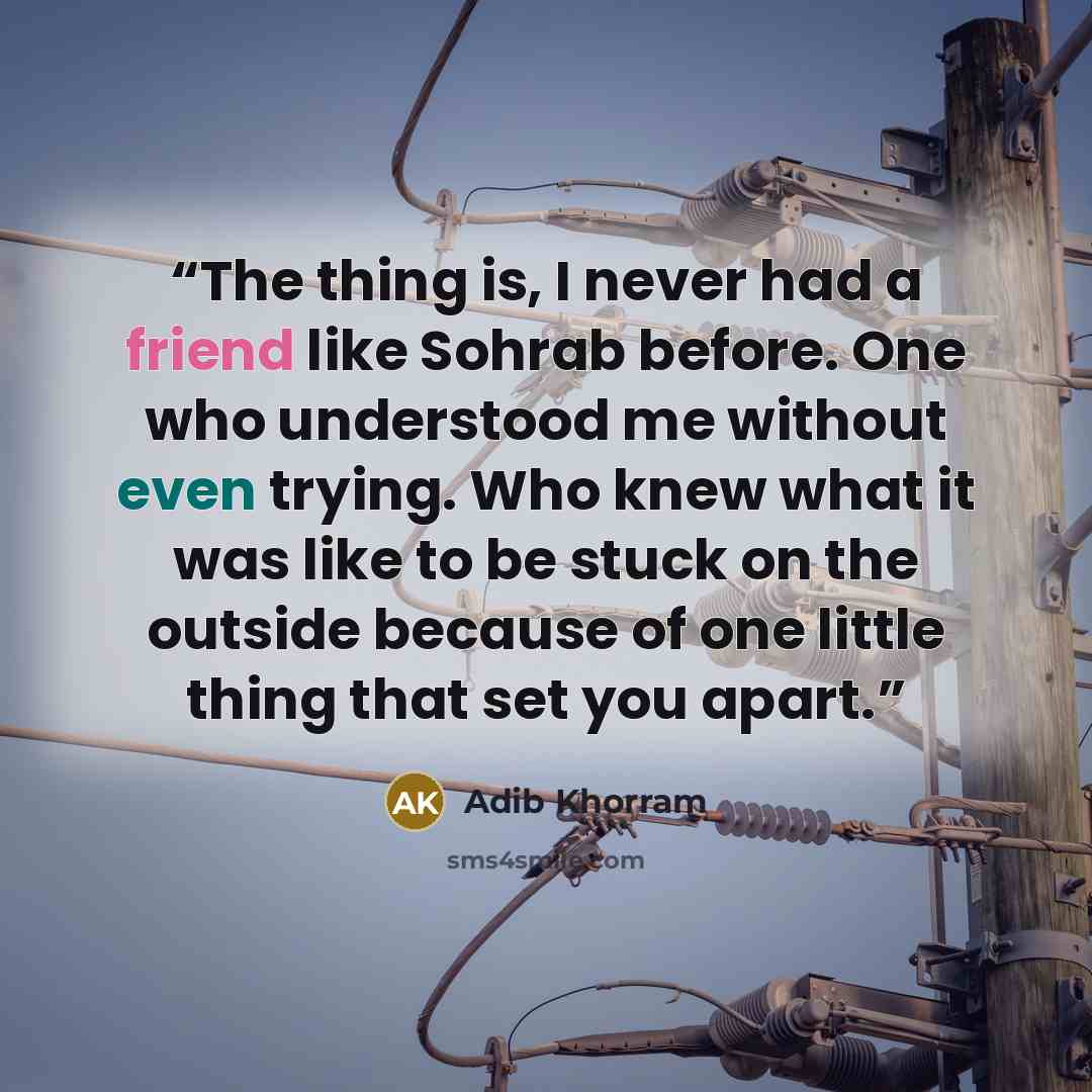 “The thing is, I never had a friend like Sohrab before. One who understood me without even trying. Who knew what it was like to be stuck on the outside because of one little thing that set you apart.” quote by Adib Khorram