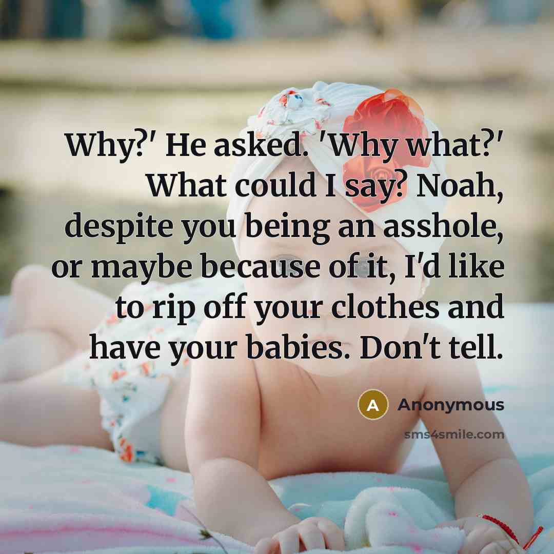 “Why?' He asked. 'Why what?' What could I say? Noah, despite you being an asshole, or maybe because of it, I'd like to rip off your clothes and have your babies. Don't tell.” quote by Anonymous