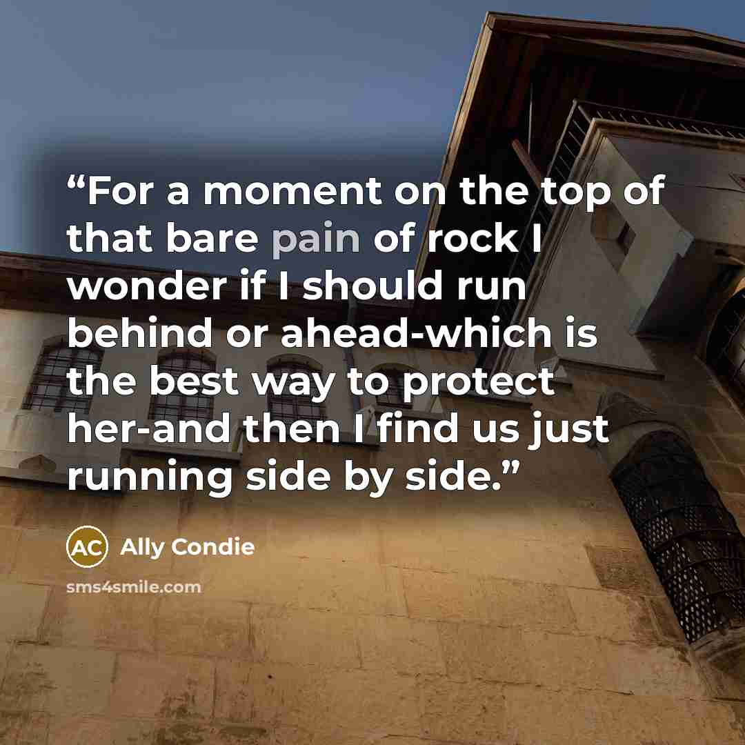 “For a moment on the top of that bare pain of rock I wonder if I should run behind or ahead-which is the best way to protect her-and then I find us just running side by side.” quote by Ally Condie