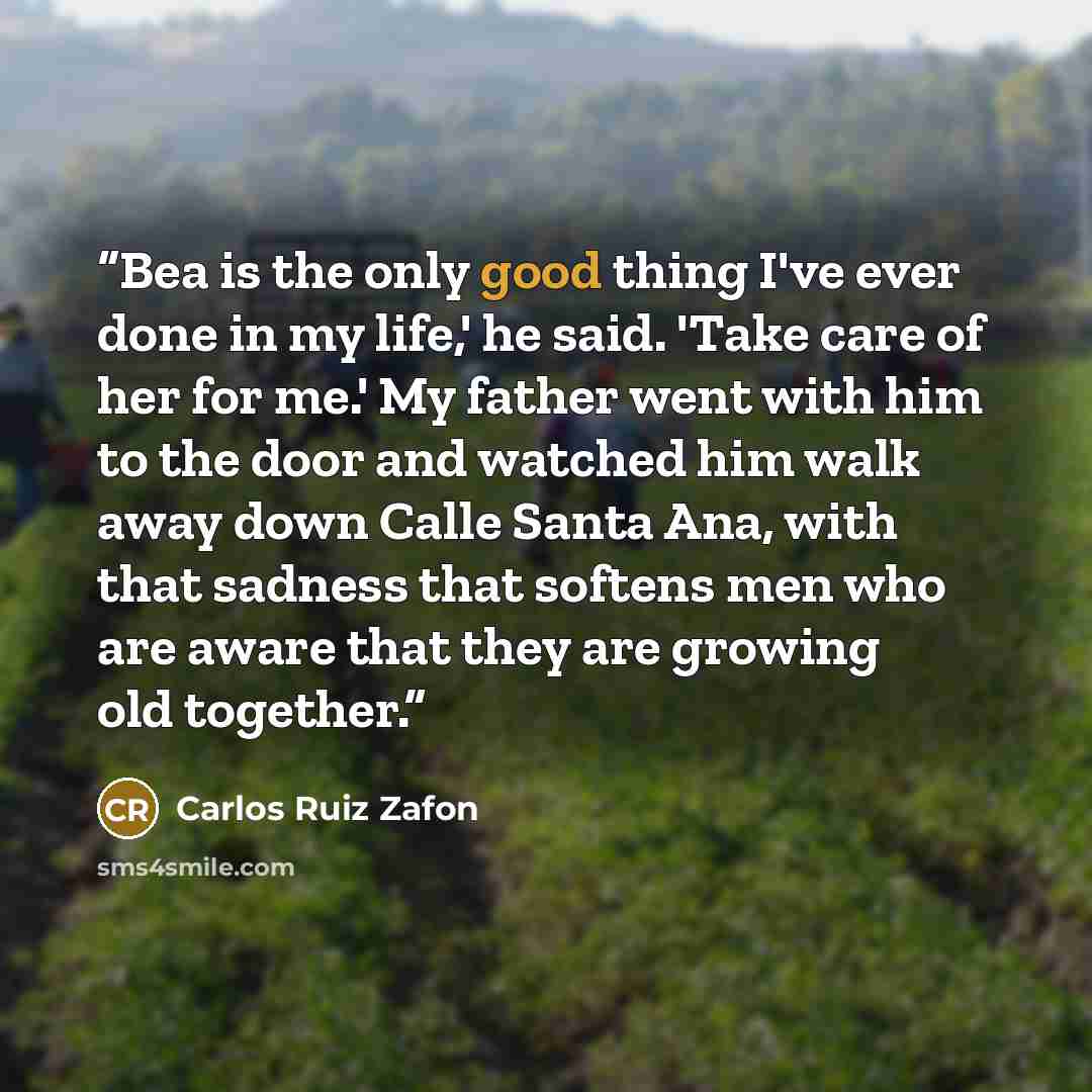 “Bea is the only good thing I've ever done in my life,' he said. 'Take care of her for me.' My father went with him to the door and watched him walk away down Calle Santa Ana, with that sadness that softens men who are aware that they are growing old together.” quote by Carlos Ruiz Zafón