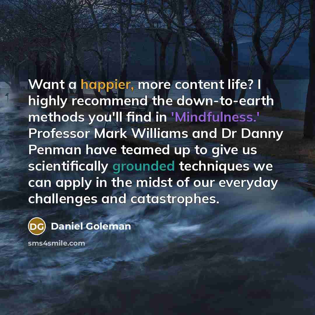 “Want a happier, more content life? I highly recommend the down-to-earth methods you'll find in 'Mindfulness.' Professor Mark Williams and Dr Danny Penman have teamed up to give us scientifically grounded techniques we can apply in the midst of our everyday challenges and catastrophes.” quote by Daniel Goleman
