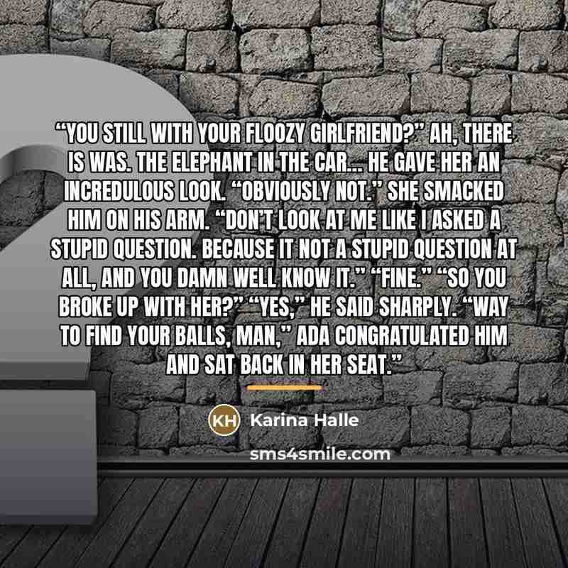 “You still with your floozy girlfriend?” Ah, there is was. The elephant in the car… He gave her an incredulous look. “Obviously not.” She smacked him on his arm. “Don’t look at me like I asked a stupid question. Because it not a stupid question at all, and you damn well know it.” “Fine.” “So you…” quote by Karina Halle