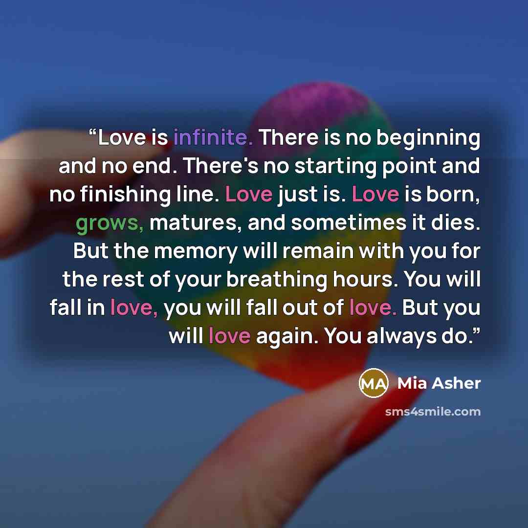 “Love is infinite. There is no beginning and no end. There's no starting point and no finishing line. Love just is. Love is born, grows, matures, and sometimes it dies. But the memory will remain with you for the rest of your breathing hours. You will fall in love, you will fall out of love. But…” quote by Mia Asher