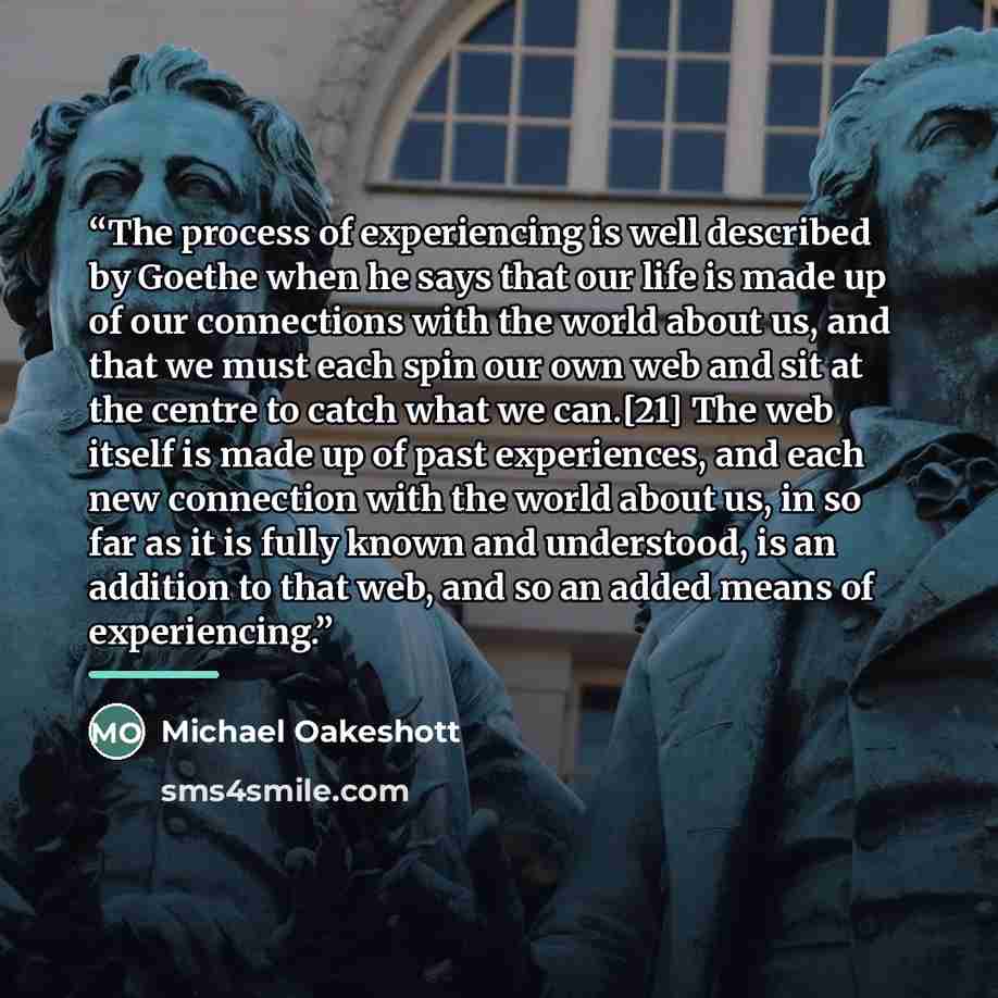“The process of experiencing is well described by Goethe when he says that our life is made up of our connections with the world about us, and that we must each spin our own web and sit at the centre to catch what we can.[21] The web itself is made up of past experiences, and each new connection…” quote by Michael Oakeshott