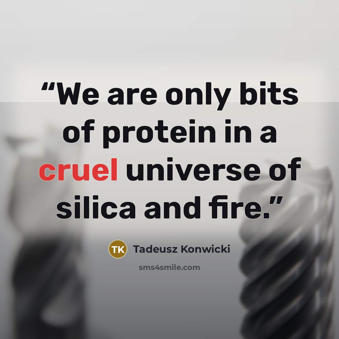 “We are only bits of protein in a cruel universe of silica and fire.” quote by Tadeusz Konwicki
