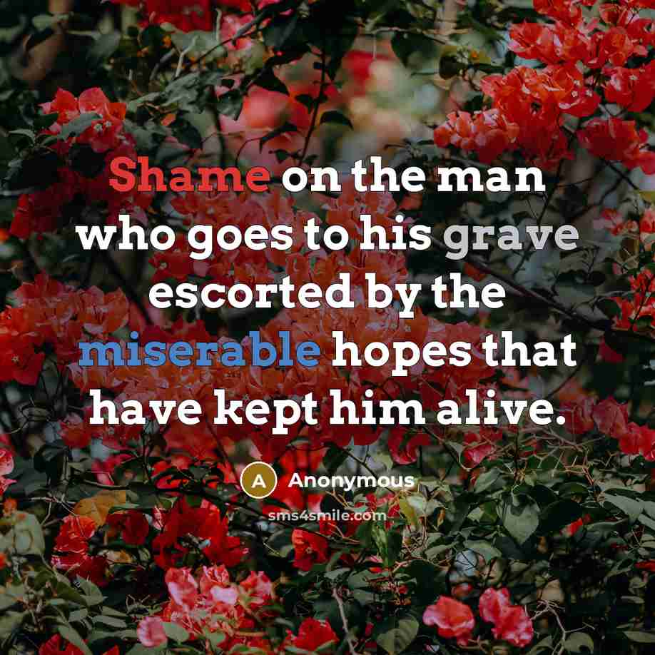 “Shame on the man who goes to his grave escorted by the miserable hopes that have kept him alive.” quote by Anonymous