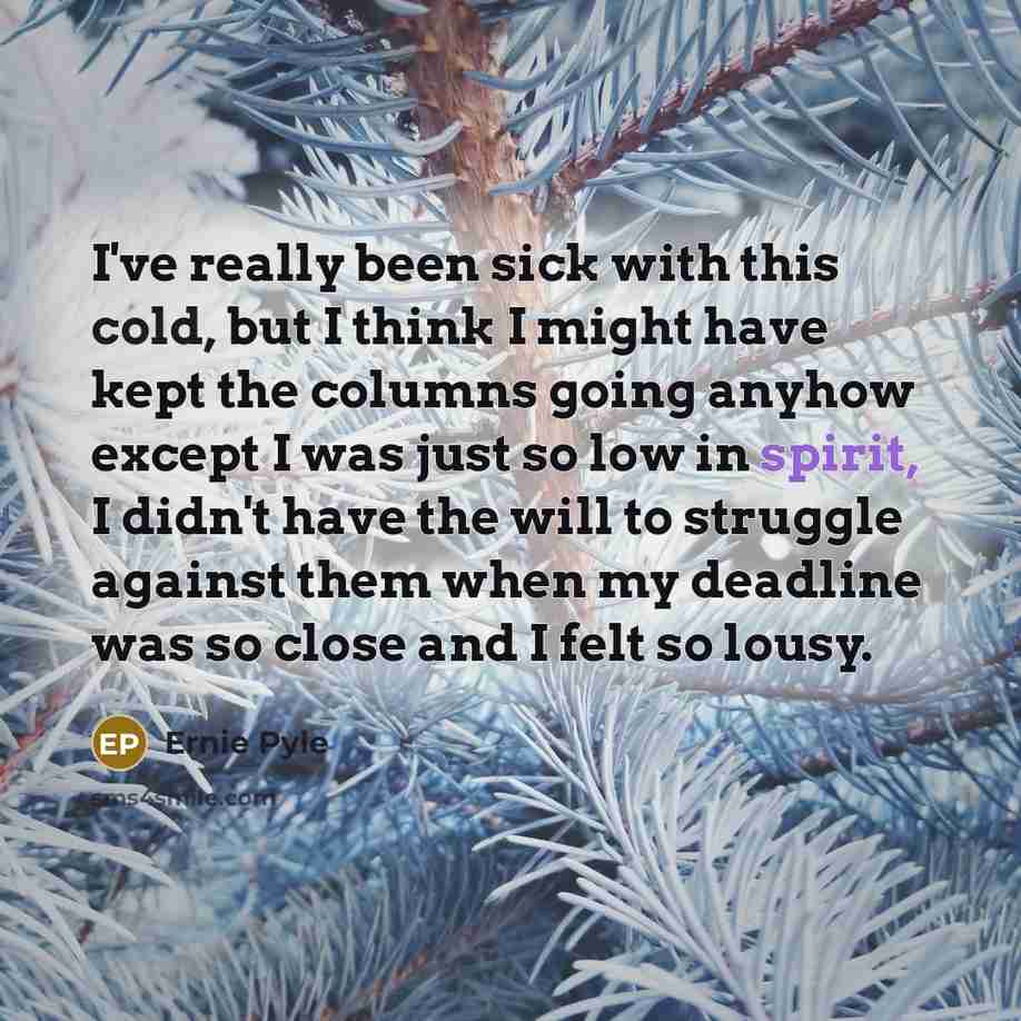 “I've really been sick with this cold, but I think I might have kept the columns going anyhow except I was just so low in spirit, I didn't have the will to struggle against them when my deadline was so close and I felt so lousy.” quote by Ernie Pyle