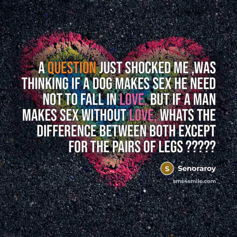 “A question just shocked me ,was thinking if a dog makes sex he need not to fall in love, but if a man makes sex without love, whats the difference between both except for the pairs of legs ?????” quote by Senoraroy