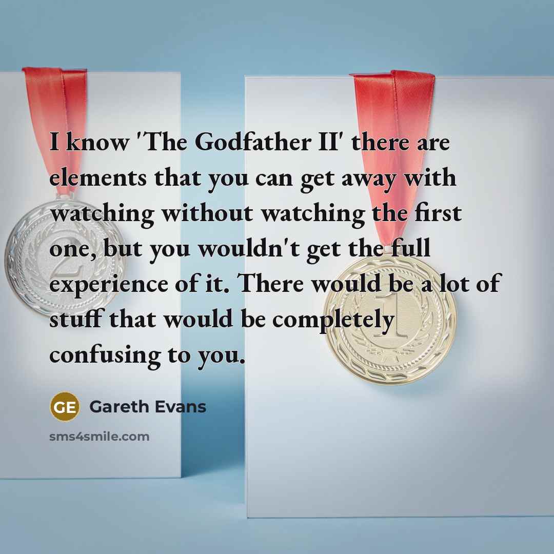 “I know 'The Godfather II' there are elements that you can get away with watching without watching the first one, but you wouldn't get the full experience of it. There would be a lot of stuff that would be completely confusing to you.” quote by Gareth Evans