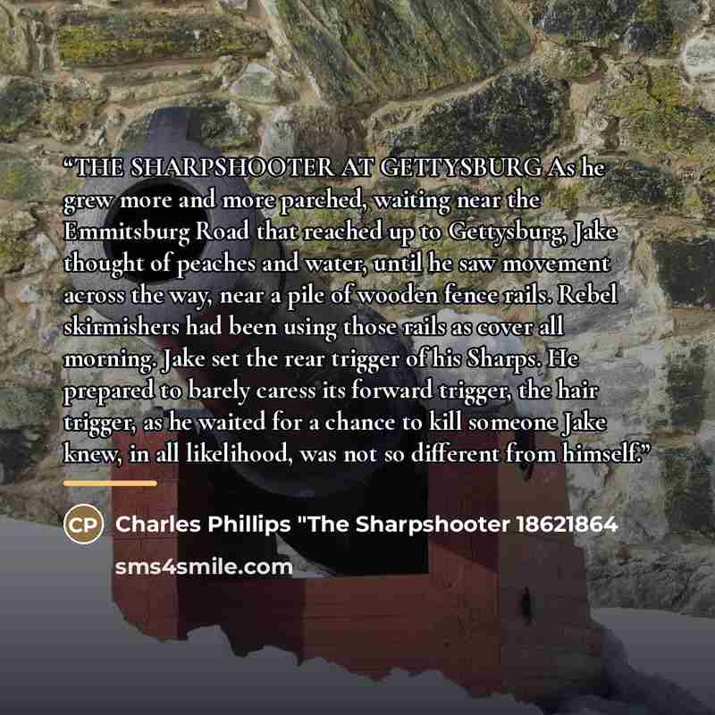 “THE SHARPSHOOTER AT GETTYSBURG As he grew more and more parched, waiting near the Emmitsburg Road that reached up to Gettysburg, Jake thought of peaches and water, until he saw movement across the way, near a pile of wooden fence rails. Rebel skirmishers had been using those rails as cover all…” quote by Anonymous