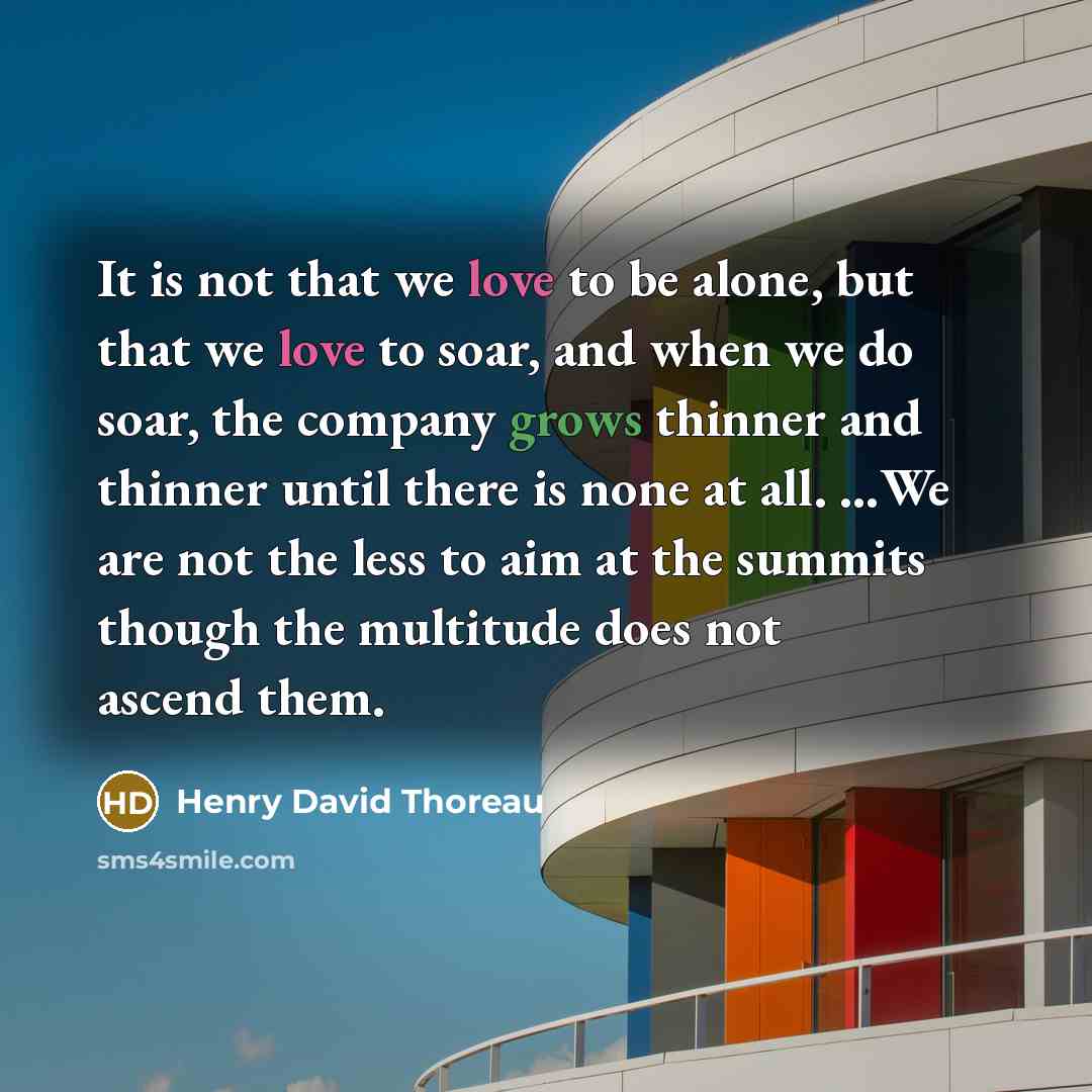 “It is not that we love to be alone, but that we love to soar, and when we do soar, the company grows thinner and thinner until there is none at all. …We are not the less to aim at the summits though the multitude does not ascend them.” quote by Henry David Thoreau