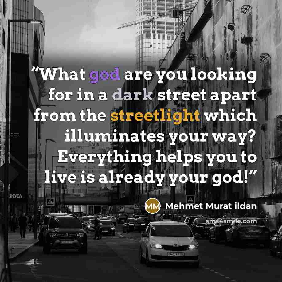 “What god are you looking for in a dark street apart from the streetlight which illuminates your way? Everything helps you to live is already your god!” quote by Mehmet Murat ildan