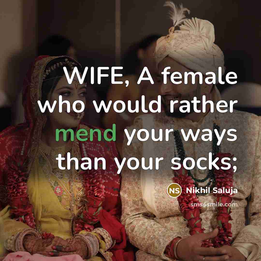 “WIFE, A female who would rather mend your ways than your socks;” quote by Nikhil Saluja