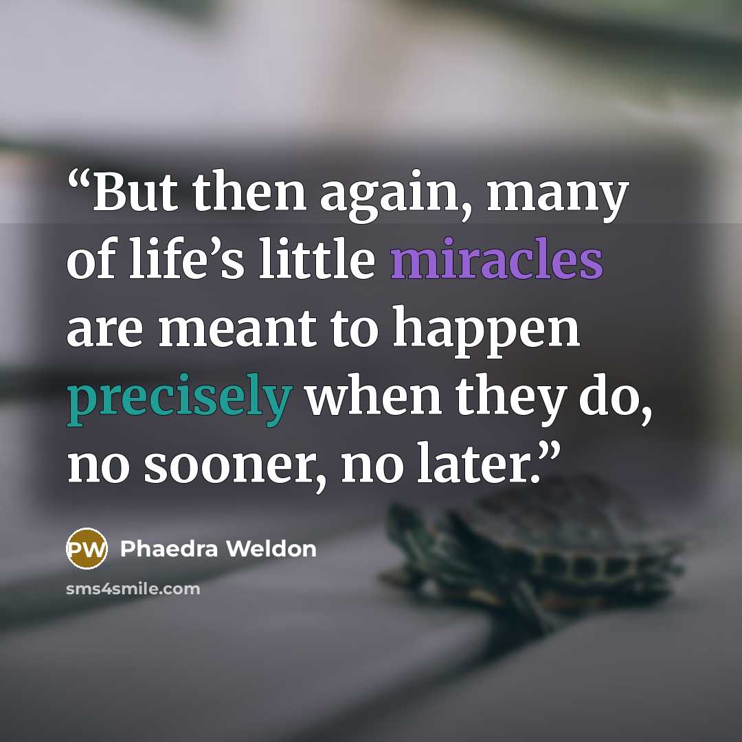 “But then again, many of life’s little miracles are meant to happen precisely when they do, no sooner, no later.” quote by Phaedra Weldon