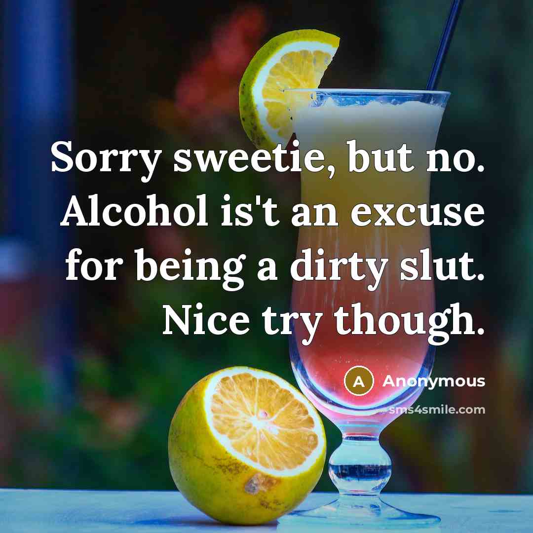 “Sorry sweetie, but no. Alcohol is't an excuse for being a dirty slut. Nice try though.” quote by Anonymous