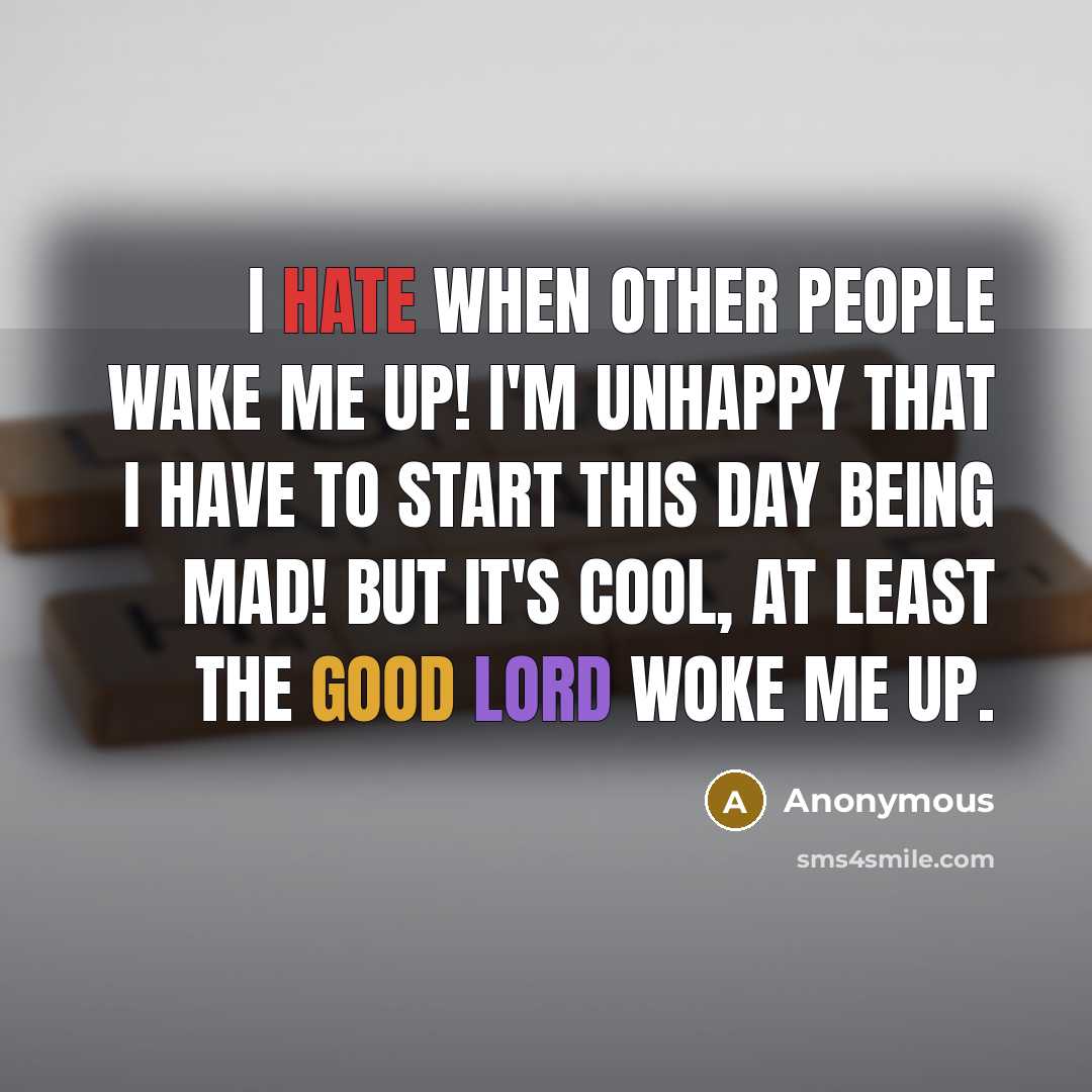 “I hate when other people wake me up! I'm unhappy that I have to start this day being mad! But it's cool, at least the good lord woke me up.” quote by Anonymous