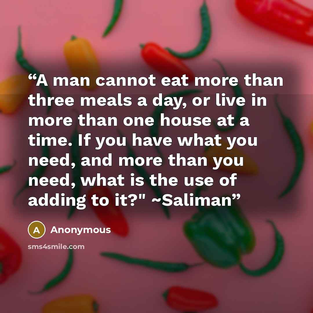“A man cannot eat more than three meals a day, or live in more than one house at a time. If you have what you need, and more than you need, what is the use of adding to it?" ~Saliman” quote by Anonymous