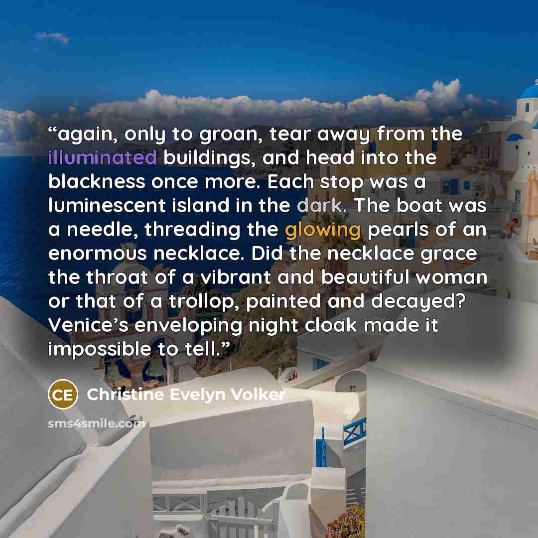 “again, only to groan, tear away from the illuminated buildings, and head into the blackness once more. Each stop was a luminescent island in the dark. The boat was a needle, threading the glowing pearls of an enormous necklace. Did the necklace grace the throat of a vibrant and beautiful woman or…” quote by Christine Evelyn Volker