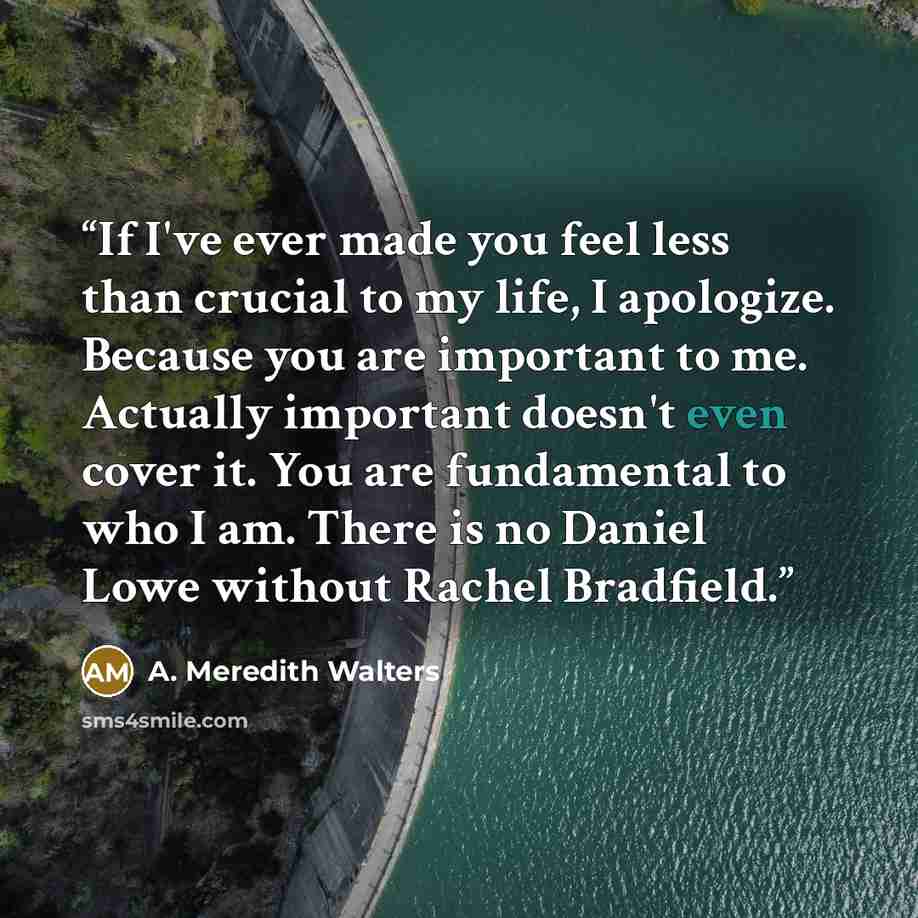 “If I've ever made you feel less than crucial to my life, I apologize. Because you are important to me. Actually important doesn't even cover it. You are fundamental to who I am. There is no Daniel Lowe without Rachel Bradfield.” quote by A. Meredith Walters