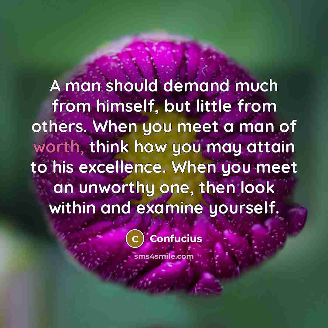 “A man should demand much from himself, but little from others. When you meet a man of worth, think how you may attain to his excellence. When you meet an unworthy one, then look within and examine yourself.” quote by Confucius