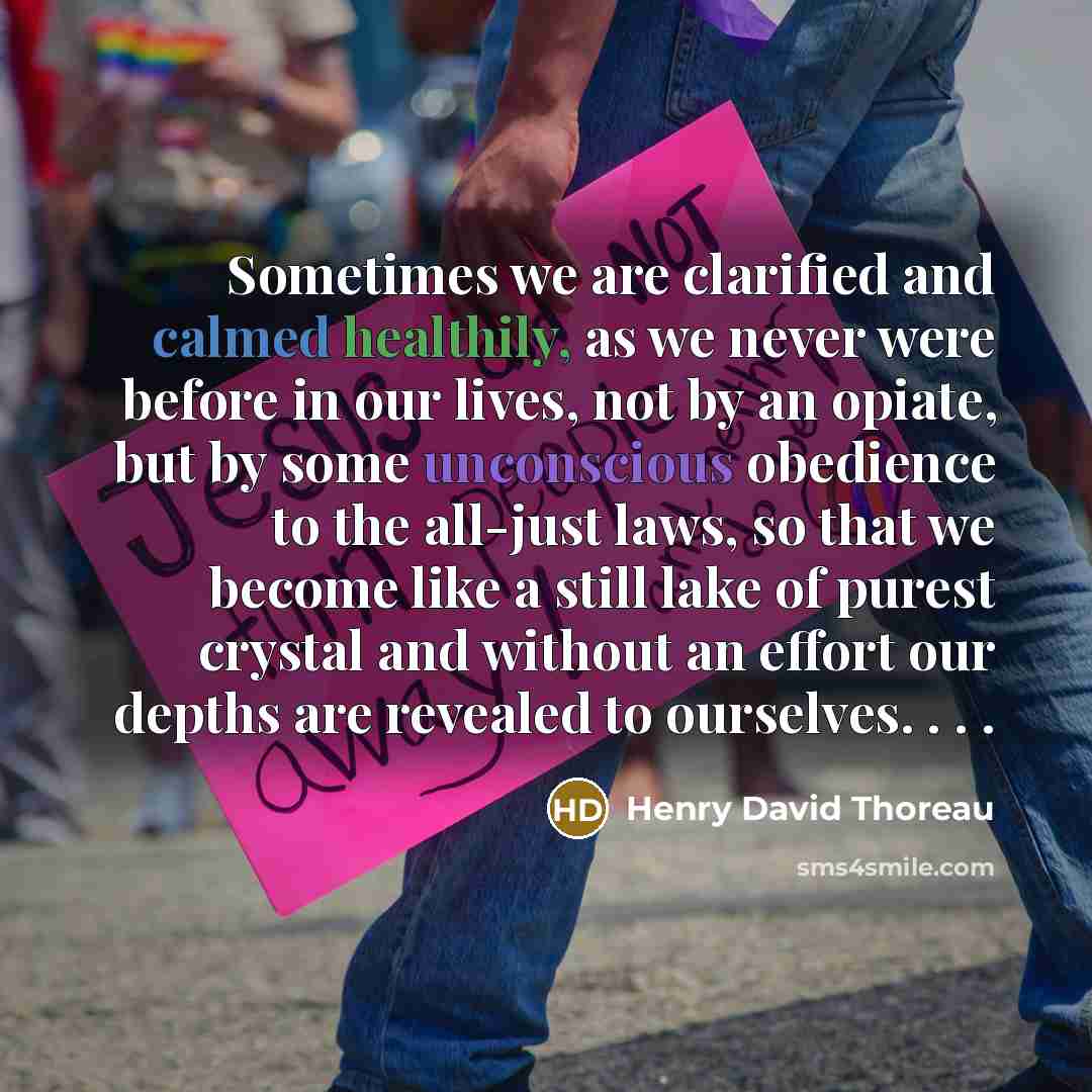 “Sometimes we are clarified and calmed healthily, as we never were before in our lives, not by an opiate, but by some unconscious obedience to the all-just laws, so that we become like a still lake of purest crystal and without an effort our depths are revealed to ourselves. . . .” quote by Henry David Thoreau
