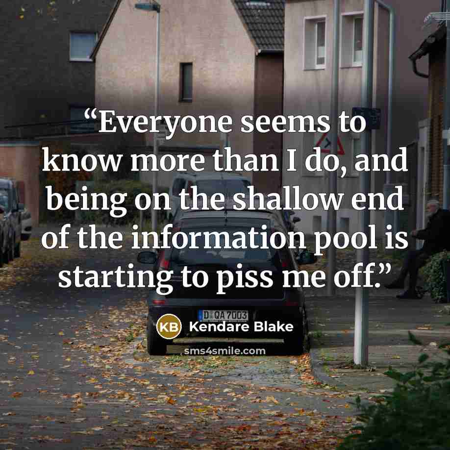 “Everyone seems to know more than I do, and being on the shallow end of the information pool is starting to piss me off.” quote by Kendare Blake