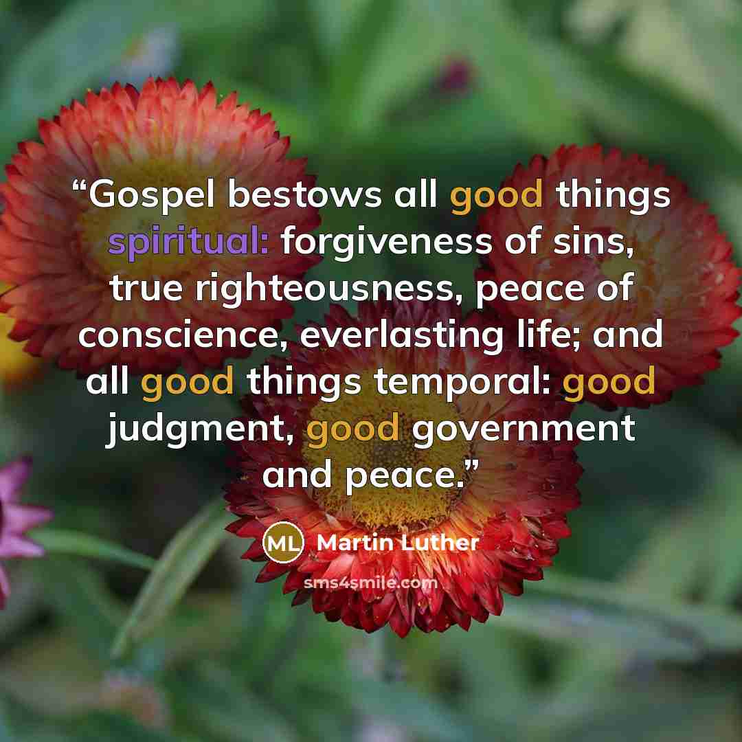“Gospel bestows all good things spiritual: forgiveness of sins, true righteousness, peace of conscience, everlasting life; and all good things temporal: good judgment, good government and peace.” quote by Martin Luther