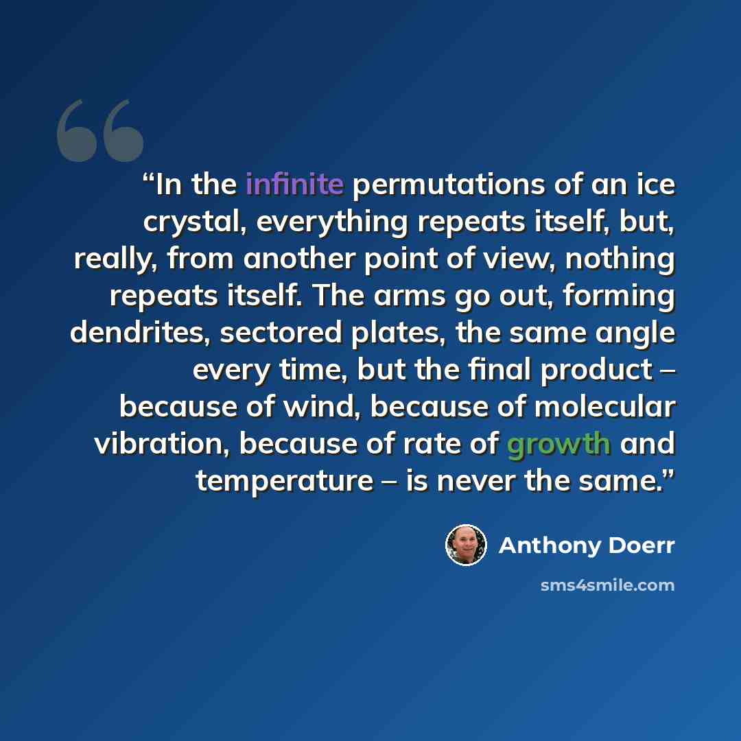 “In the infinite permutations of an ice crystal, everything repeats itself, but, really, from another point of view, nothing repeats itself. The arms go out, forming dendrites, sectored plates, the same angle every time, but the final product – because of wind, because of molecular vibration…” quote by Anthony Doerr