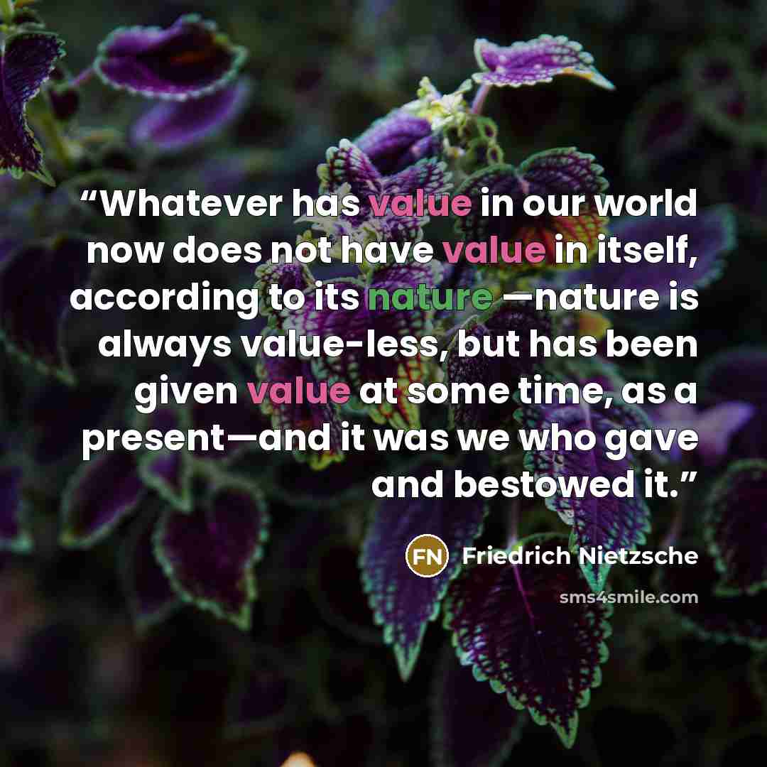 “Whatever has value in our world now does not have value in itself, according to its nature —nature is always value-less, but has been given value at some time, as a present—and it was we who gave and bestowed it.” quote by Friedrich Nietzsche