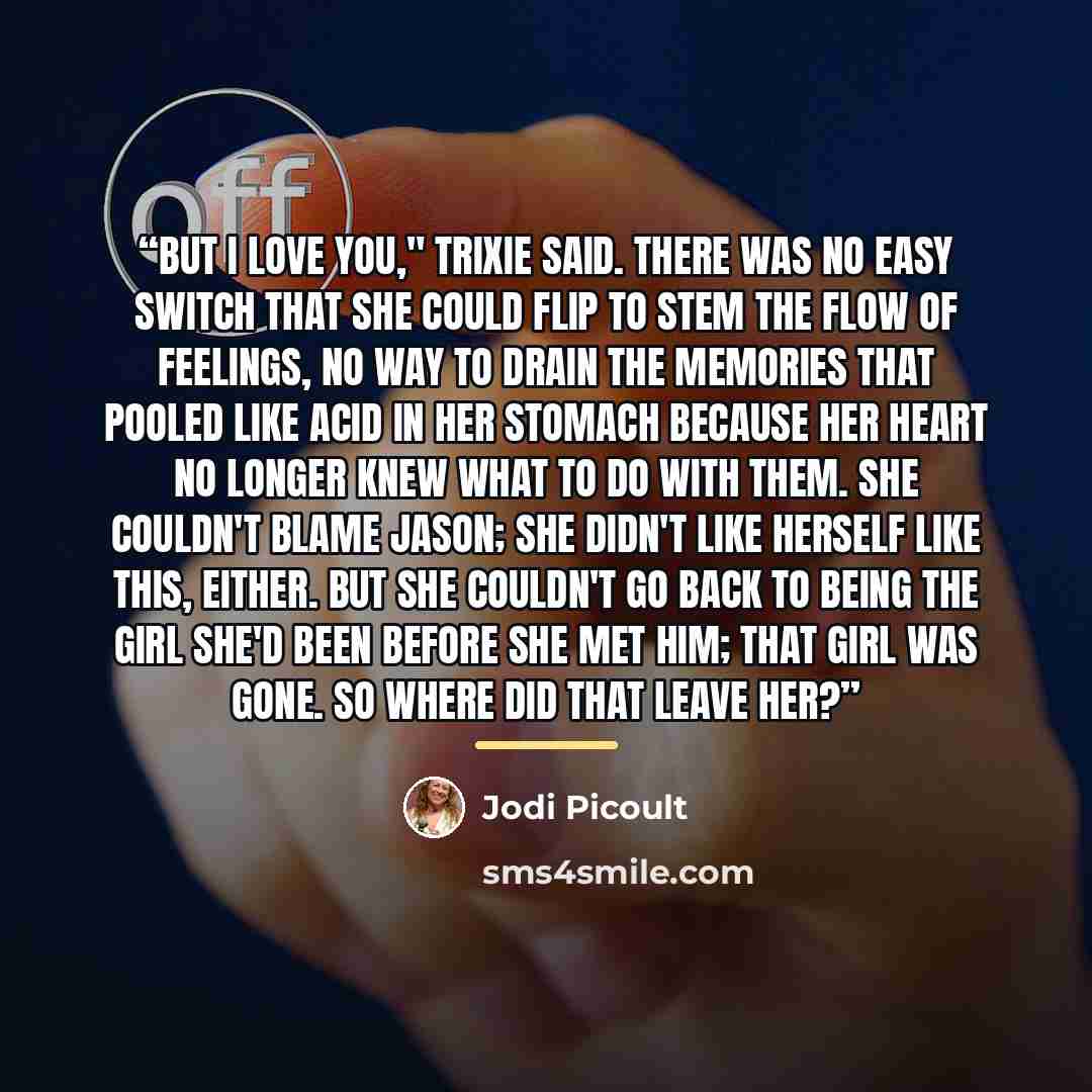 “But I love you," Trixie said. There was no easy switch that she could flip to stem the flow of feelings, no way to drain the memories that pooled like acid in her stomach because her heart no longer knew what to do with them. She couldn't blame Jason; she didn't like herself like this, either. But…” quote by Jodi Picoult