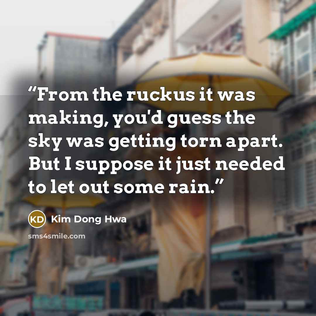 “From the ruckus it was making, you'd guess the sky was getting torn apart. But I suppose it just needed to let out some rain.” quote by Kim Dong Hwa