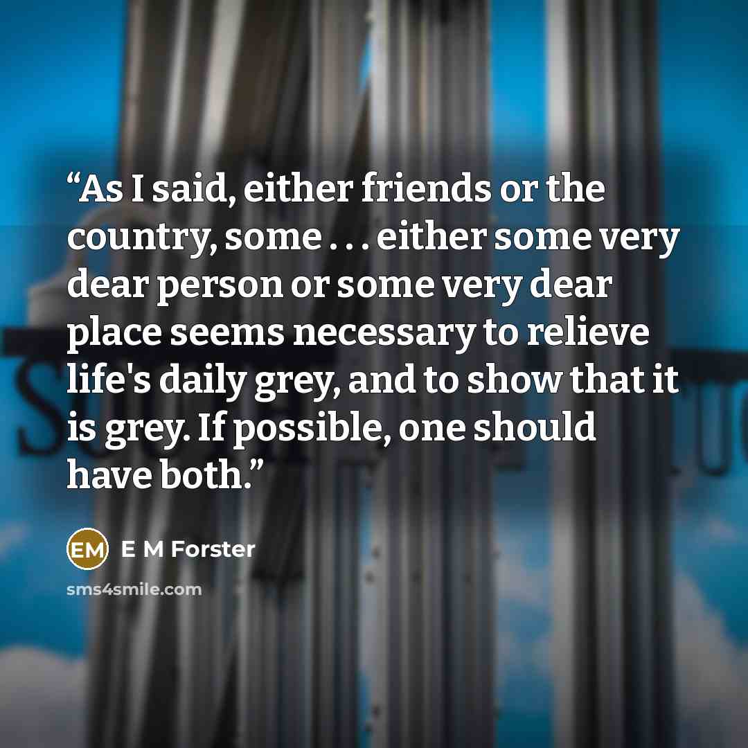 “As I said, either friends or the country, some . . . either some very dear person or some very dear place seems necessary to relieve life's daily grey, and to show that it is grey. If possible, one should have both.” quote by E M Forster