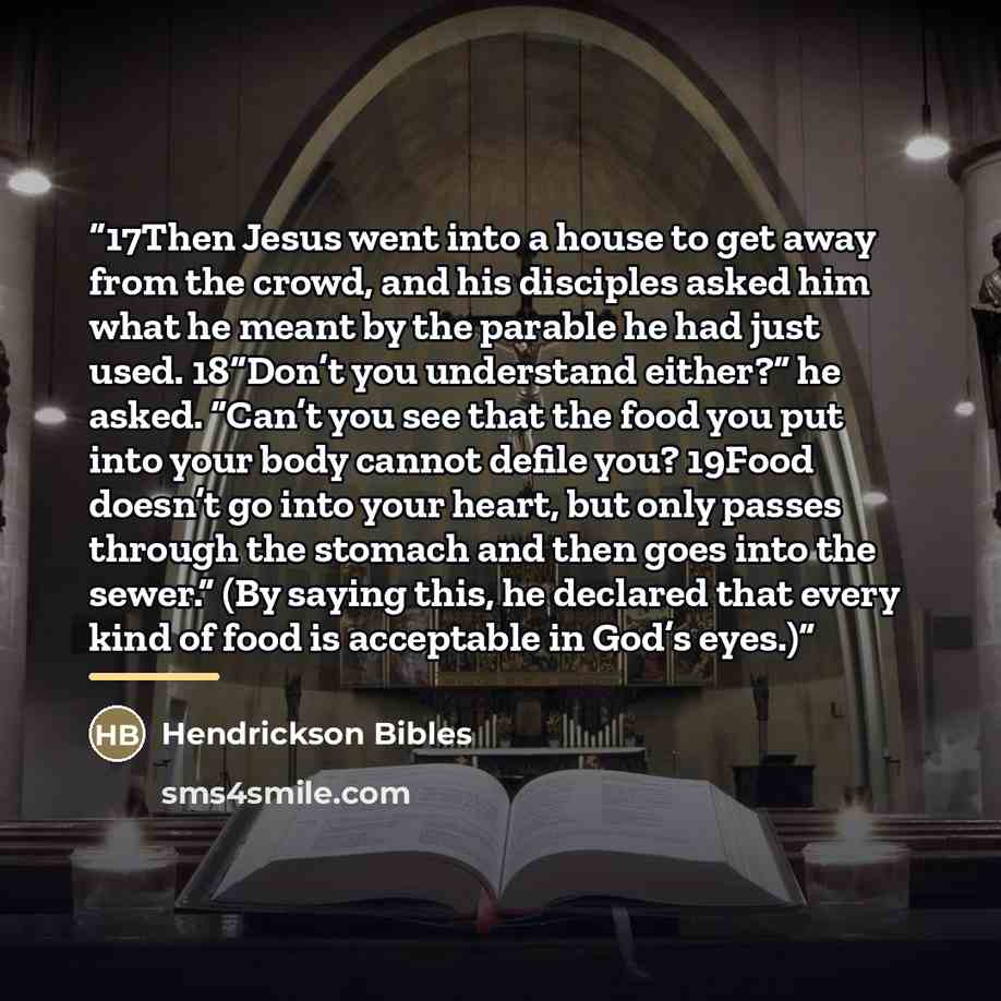 “17Then Jesus went into a house to get away from the crowd, and his disciples asked him what he meant by the parable he had just used. 18“Don’t you understand either?” he asked. “Can’t you see that the food you put into your body cannot defile you? 19Food doesn’t go into your heart, but only passes…” quote by Hendrickson Bibles