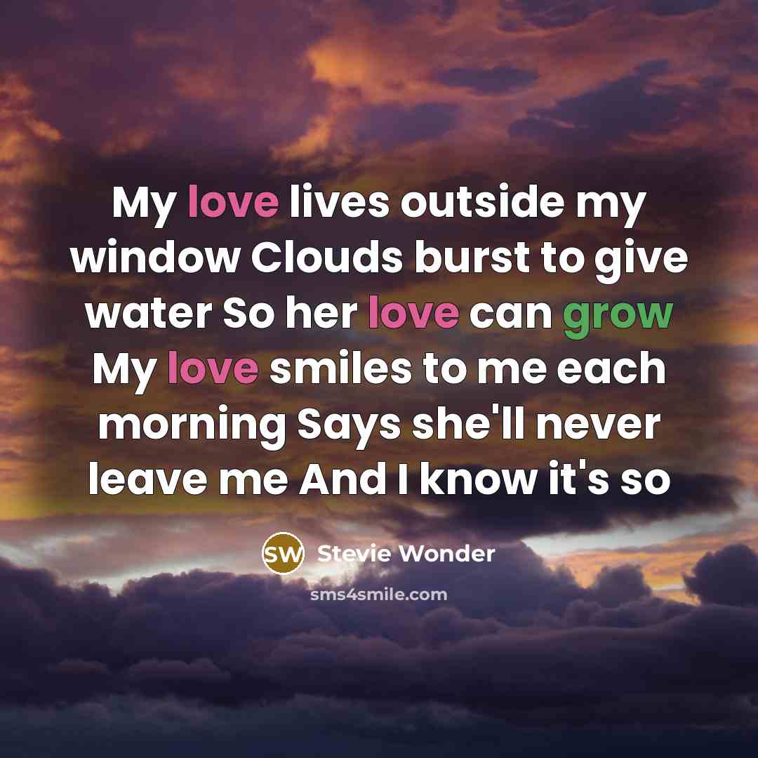 “My love lives outside my window Clouds burst to give water So her love can grow My love smiles to me each morning Says she'll never leave me And I know it's so” quote by Stevie Wonder