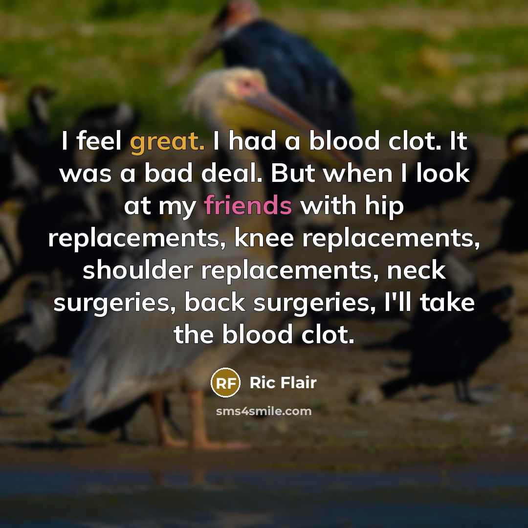 “I feel great. I had a blood clot. It was a bad deal. But when I look at my friends with hip replacements, knee replacements, shoulder replacements, neck surgeries, back surgeries, I'll take the blood clot.” quote by Ric Flair