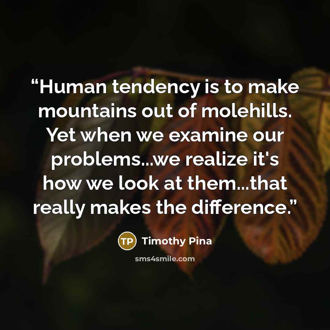 “Human tendency is to make mountains out of molehills. Yet when we examine our problems...we realize it's how we look at them...that really makes the difference.” quote by Timothy Pina