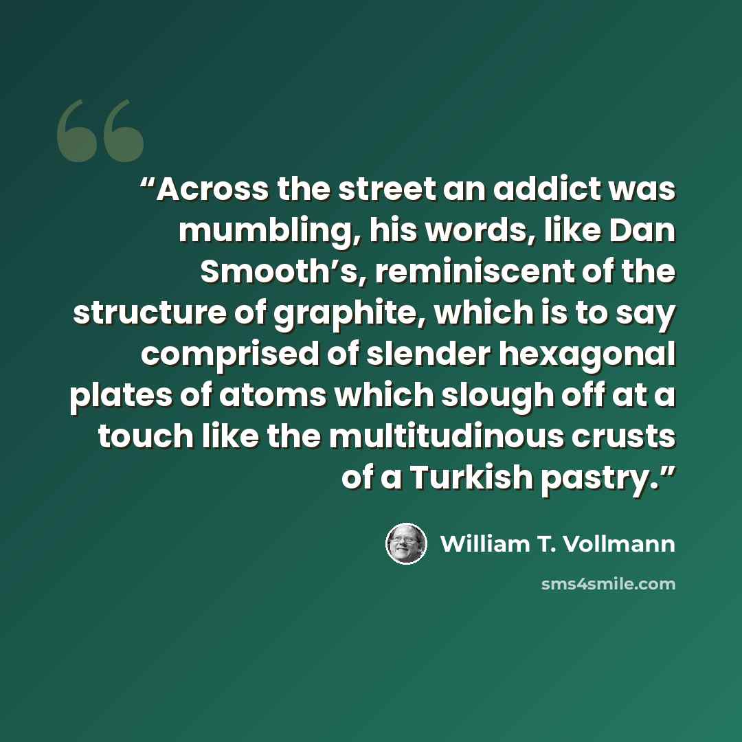 “Across the street an addict was mumbling, his words, like Dan Smooth’s, reminiscent of the structure of graphite, which is to say comprised of slender hexagonal plates of atoms which slough off at a touch like the multitudinous crusts of a Turkish pastry.” quote by William T. Vollmann