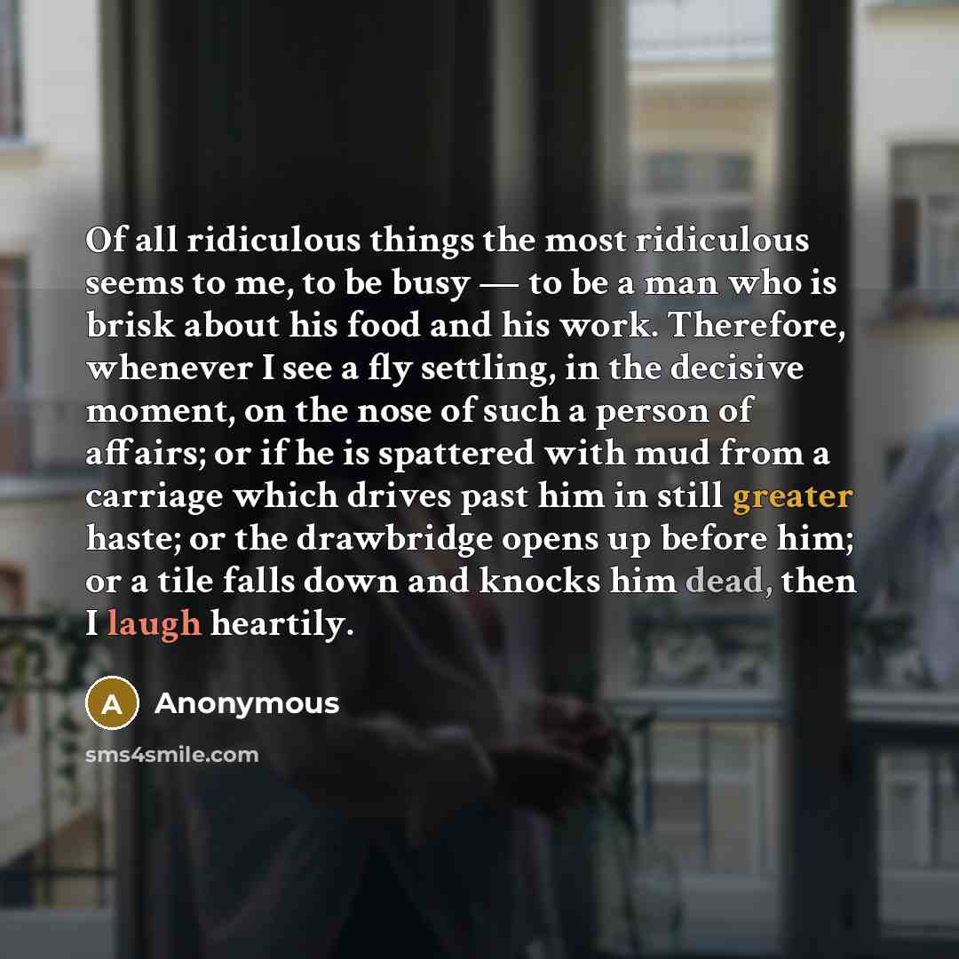 “Of all ridiculous things the most ridiculous seems to me, to be busy — to be a man who is brisk about his food and his work. Therefore, whenever I see a fly settling, in the decisive moment, on the nose of such a person of affairs; or if he is spattered with mud from a carriage which drives past…” quote by Anonymous
