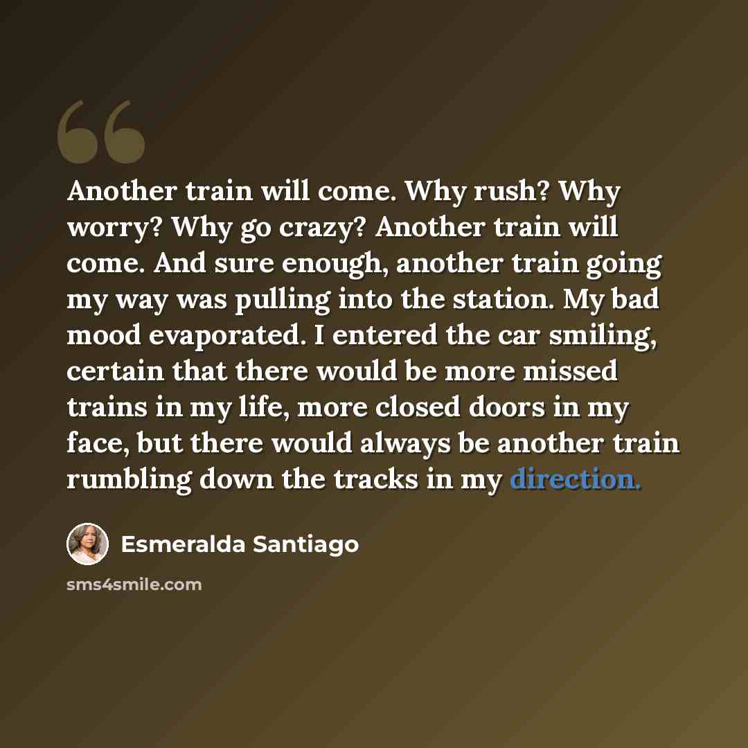“Another train will come. Why rush? Why worry? Why go crazy? Another train will come. And sure enough, another train going my way was pulling into the station. My bad mood evaporated. I entered the car smiling, certain that there would be more missed trains in my life, more closed doors in my face…” quote by Esmeralda Santiago