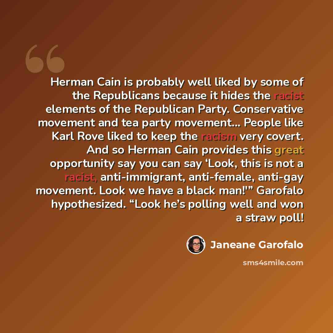 “Herman Cain is probably well liked by some of the Republicans because it hides the racist elements of the Republican Party. Conservative movement and tea party movement... People like Karl Rove liked to keep the racism very covert. And so Herman Cain provides this great opportunity say you can say…” quote by Janeane Garofalo