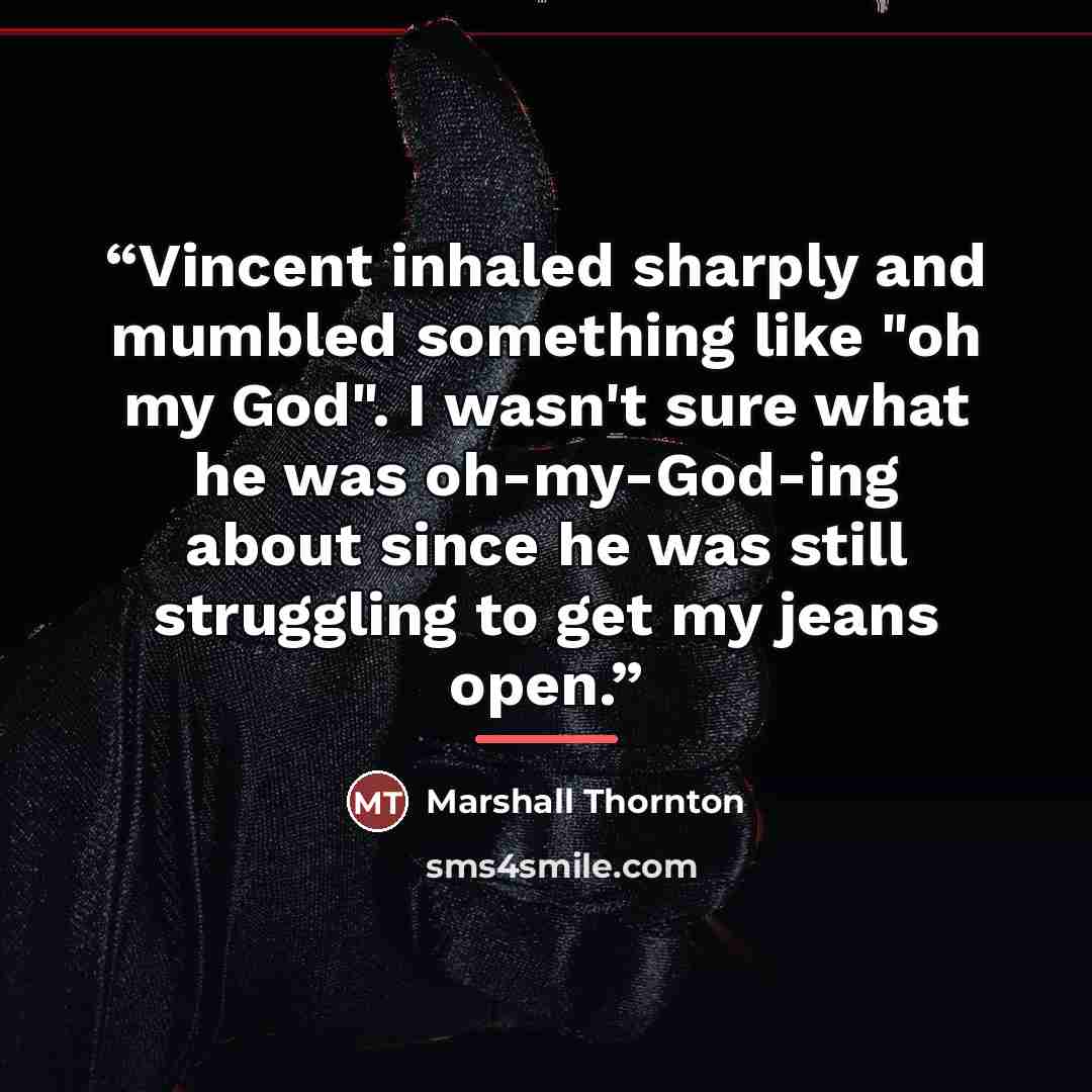 “Vincent inhaled sharply and mumbled something like "oh my God". I wasn't sure what he was oh-my-God-ing about since he was still struggling to get my jeans open.” quote by Marshall Thornton