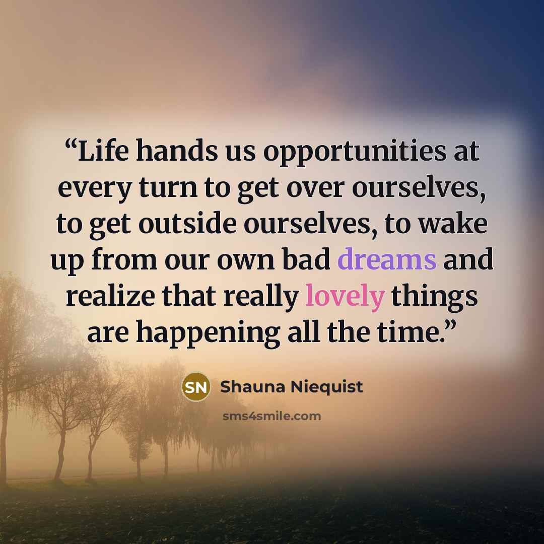 “Life hands us opportunities at every turn to get over ourselves, to get outside ourselves, to wake up from our own bad dreams and realize that really lovely things are happening all the time.” quote by Shauna Niequist