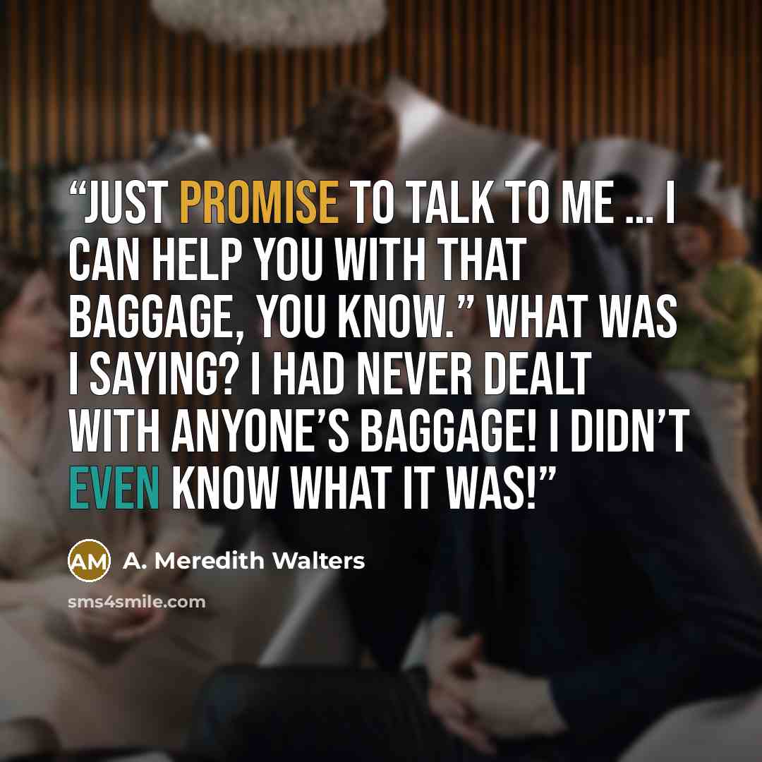 “Just promise to talk to me … I can help you with that baggage, you know.” What was I saying? I had never dealt with anyone’s baggage! I didn’t even know what it was!” quote by A. Meredith Walters
