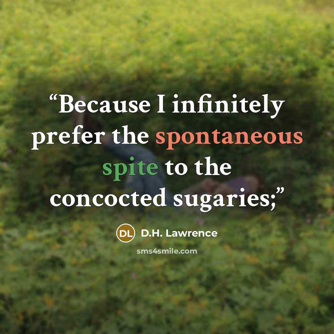 “Because I infinitely prefer the spontaneous spite to the concocted sugaries;” quote by D.H. Lawrence