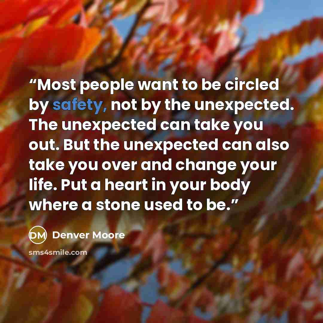 “Most people want to be circled by safety, not by the unexpected. The unexpected can take you out. But the unexpected can also take you over and change your life. Put a heart in your body where a stone used to be.” quote by Denver Moore