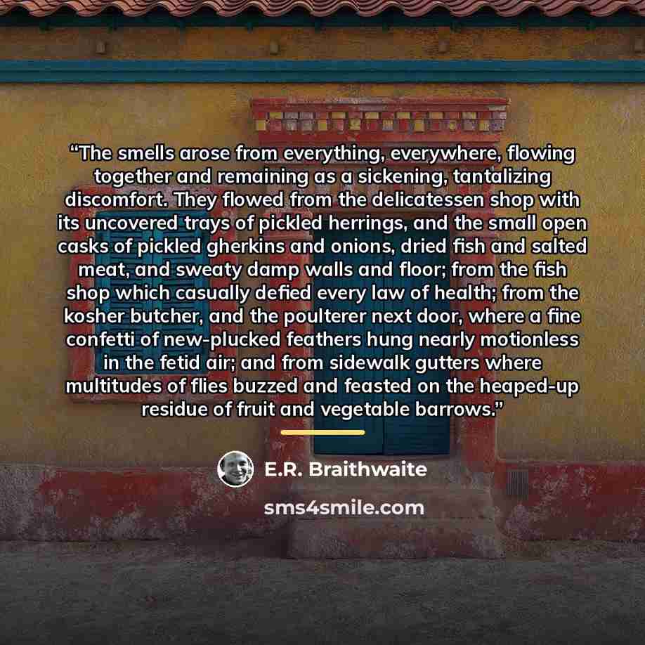 “The smells arose from everything, everywhere, flowing together and remaining as a sickening, tantalizing discomfort. They flowed from the delicatessen shop with its uncovered trays of pickled herrings, and the small open casks of pickled gherkins and onions, dried fish and salted meat, and sweaty…” quote by E.R. Braithwaite