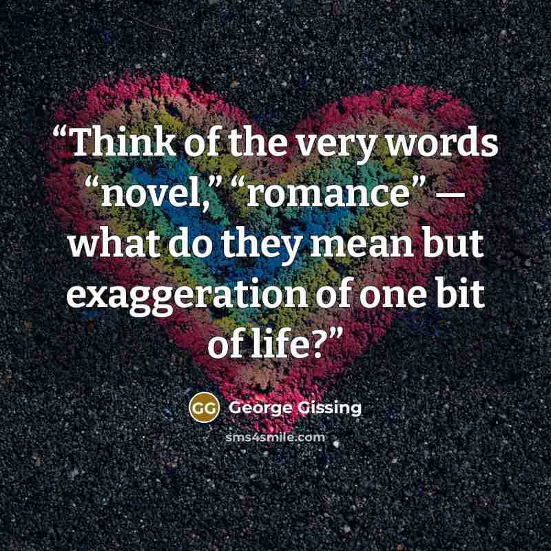 “Think of the very words “novel,” “romance” — what do they mean but exaggeration of one bit of life?” quote by George Gissing