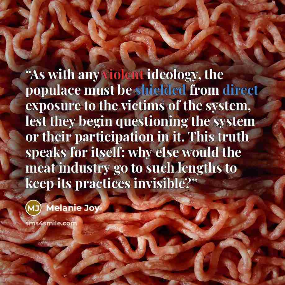 “As with any violent ideology, the populace must be shielded from direct exposure to the victims of the system, lest they begin questioning the system or their participation in it. This truth speaks for itself: why else would the meat industry go to such lengths to keep its practices invisible?” quote by Melanie Joy