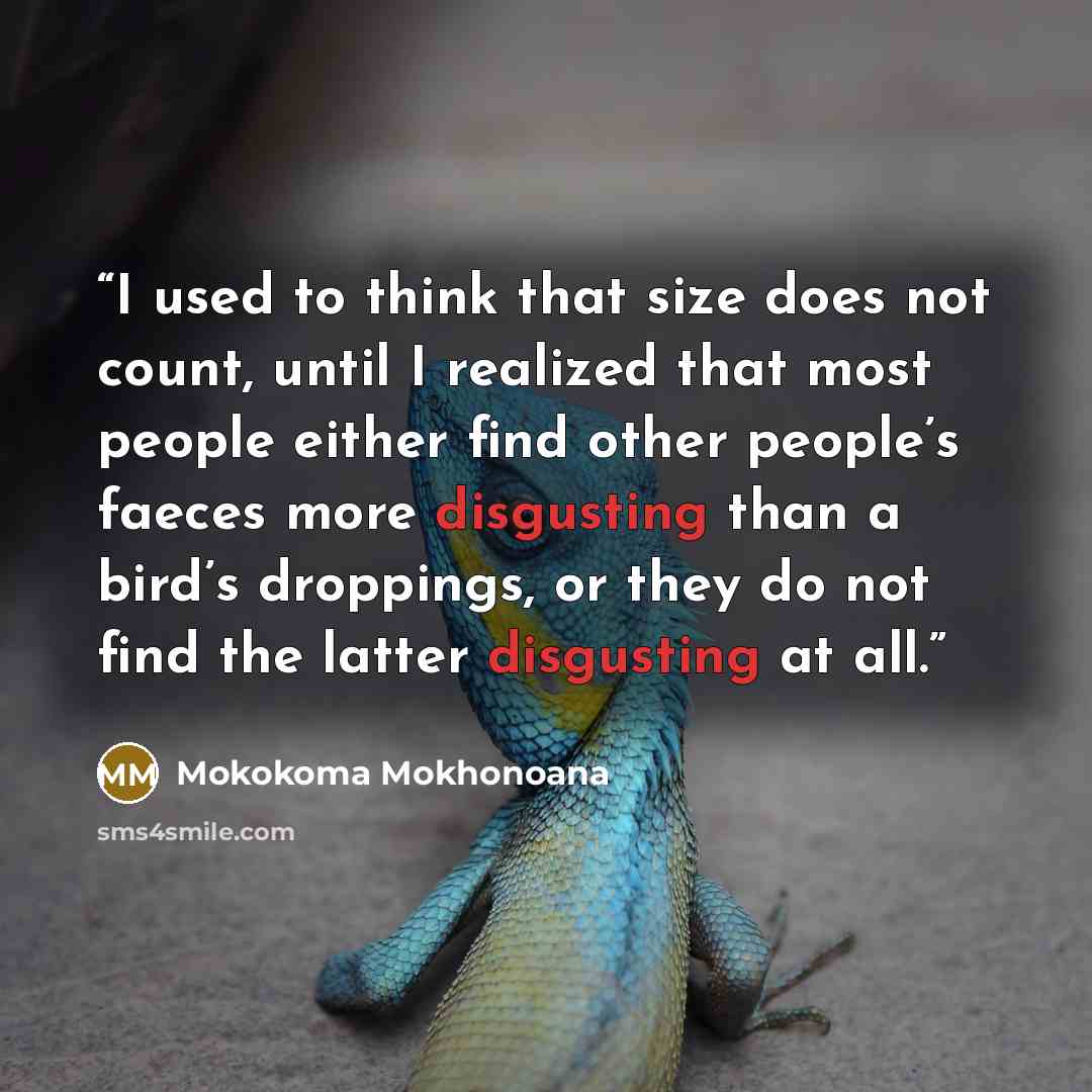 “I used to think that size does not count, until I realized that most people either find other people’s faeces more disgusting than a bird’s droppings, or they do not find the latter disgusting at all.” quote by Mokokoma Mokhonoana