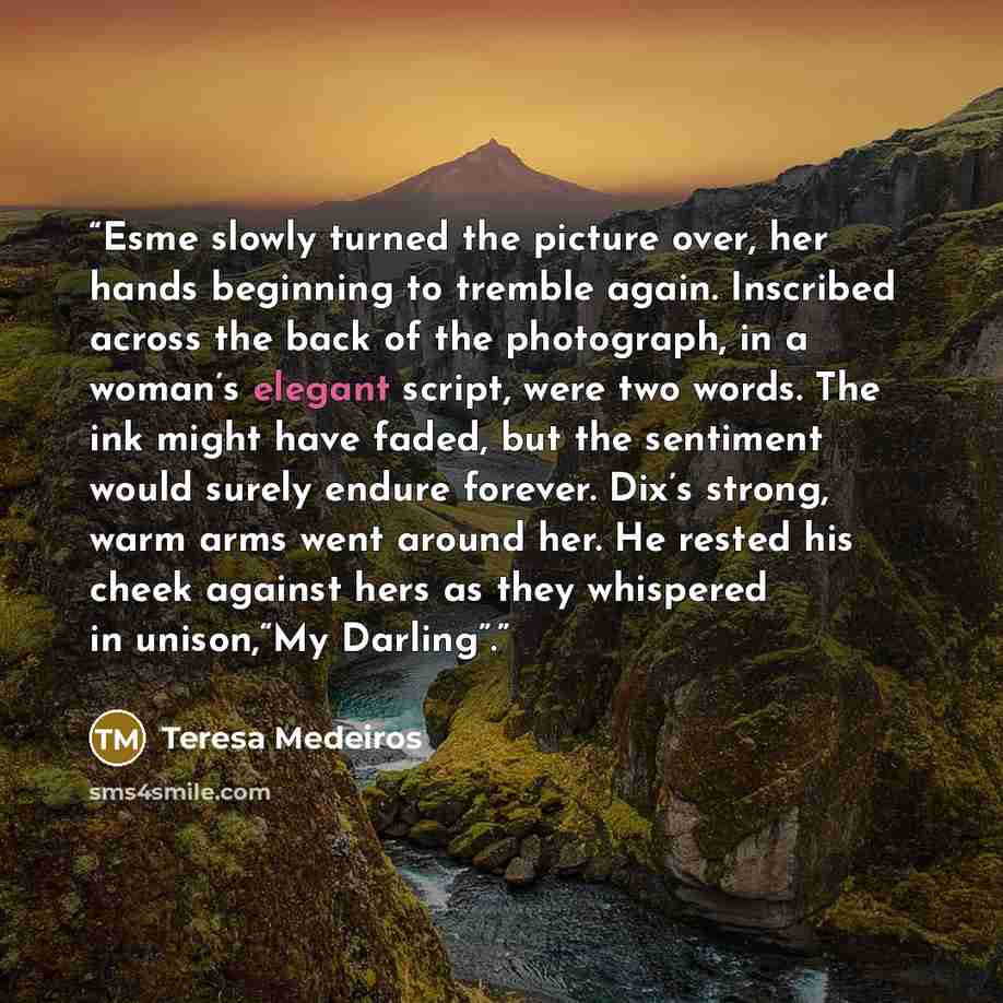 “Esme slowly turned the picture over, her hands beginning to tremble again. Inscribed across the back of the photograph, in a woman’s elegant script, were two words. The ink might have faded, but the sentiment would surely endure forever. Dix’s strong, warm arms went around her. He rested his cheek…” quote by Teresa Medeiros